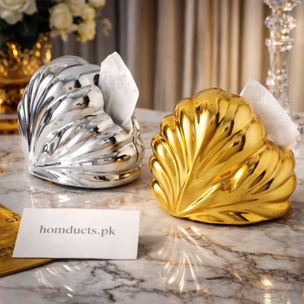 Luxury Shell-Inspired Tissue Holder | Gold & Silver Decorative Tabletop Tissue Box – Homducts.pk