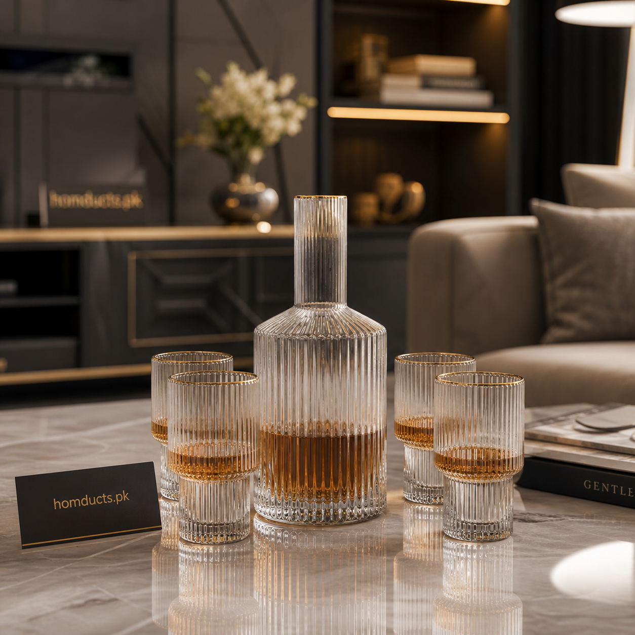 Luxury Ribbed Crystal Decanter Set – 5 Piece Elegant Glassware Set