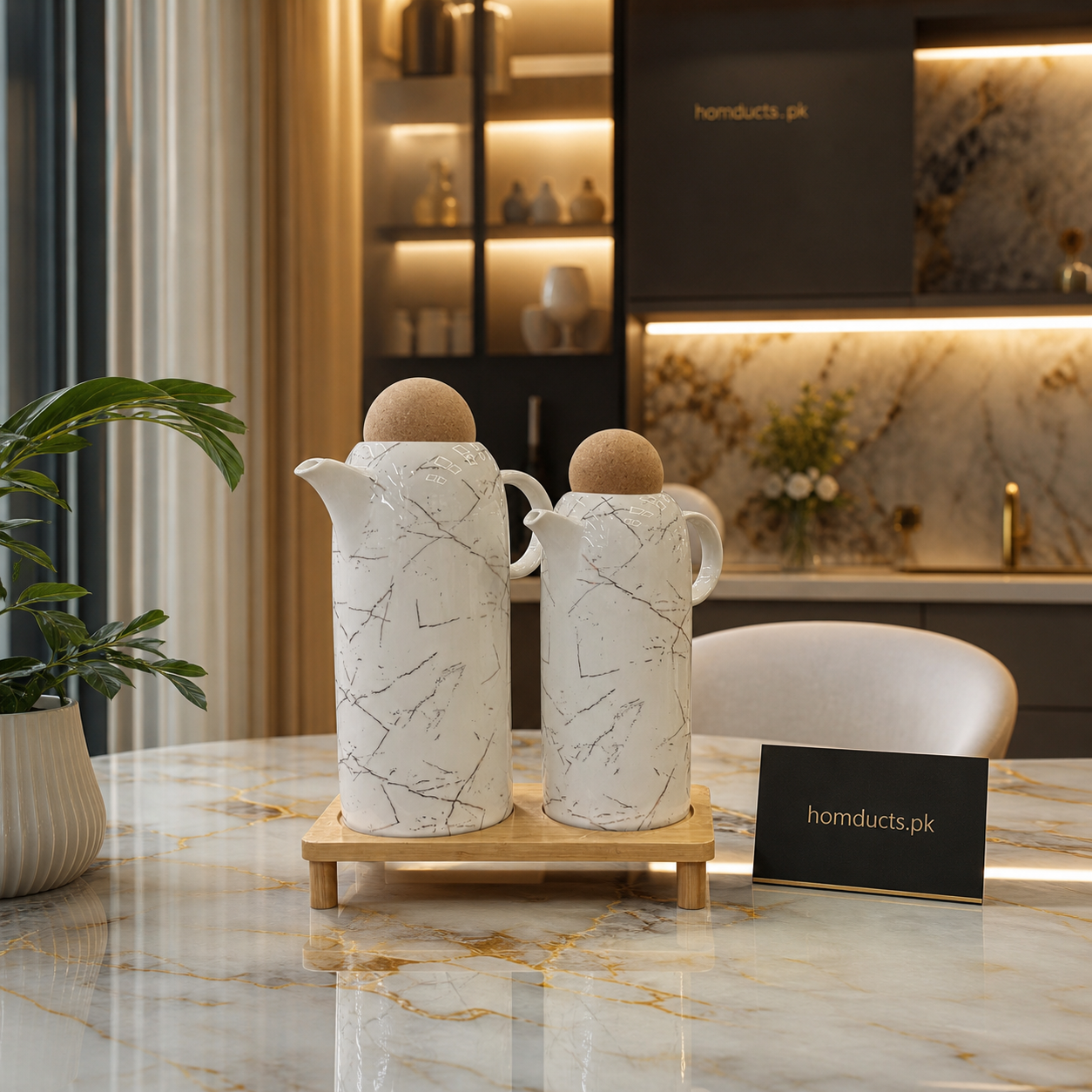 Premium Marble Style Jug Set with Wooden Stand (2 Pieces)