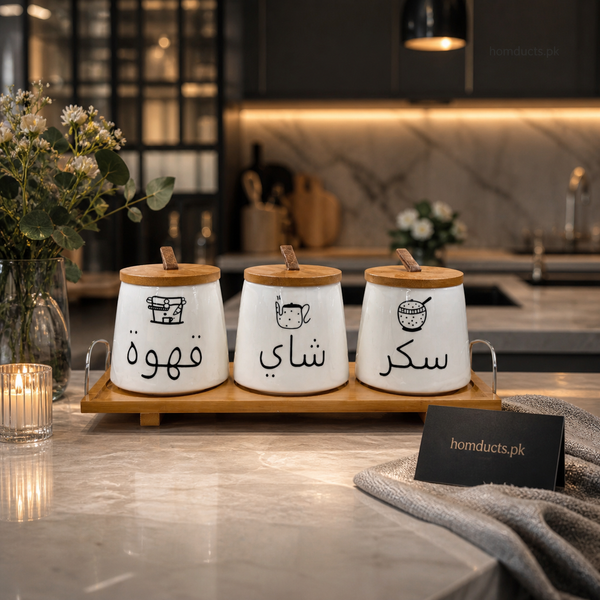 Elegant Tea Coffee Sugar Jar Set with Wooden Tray – 3 Piece Kitchen Storage Set