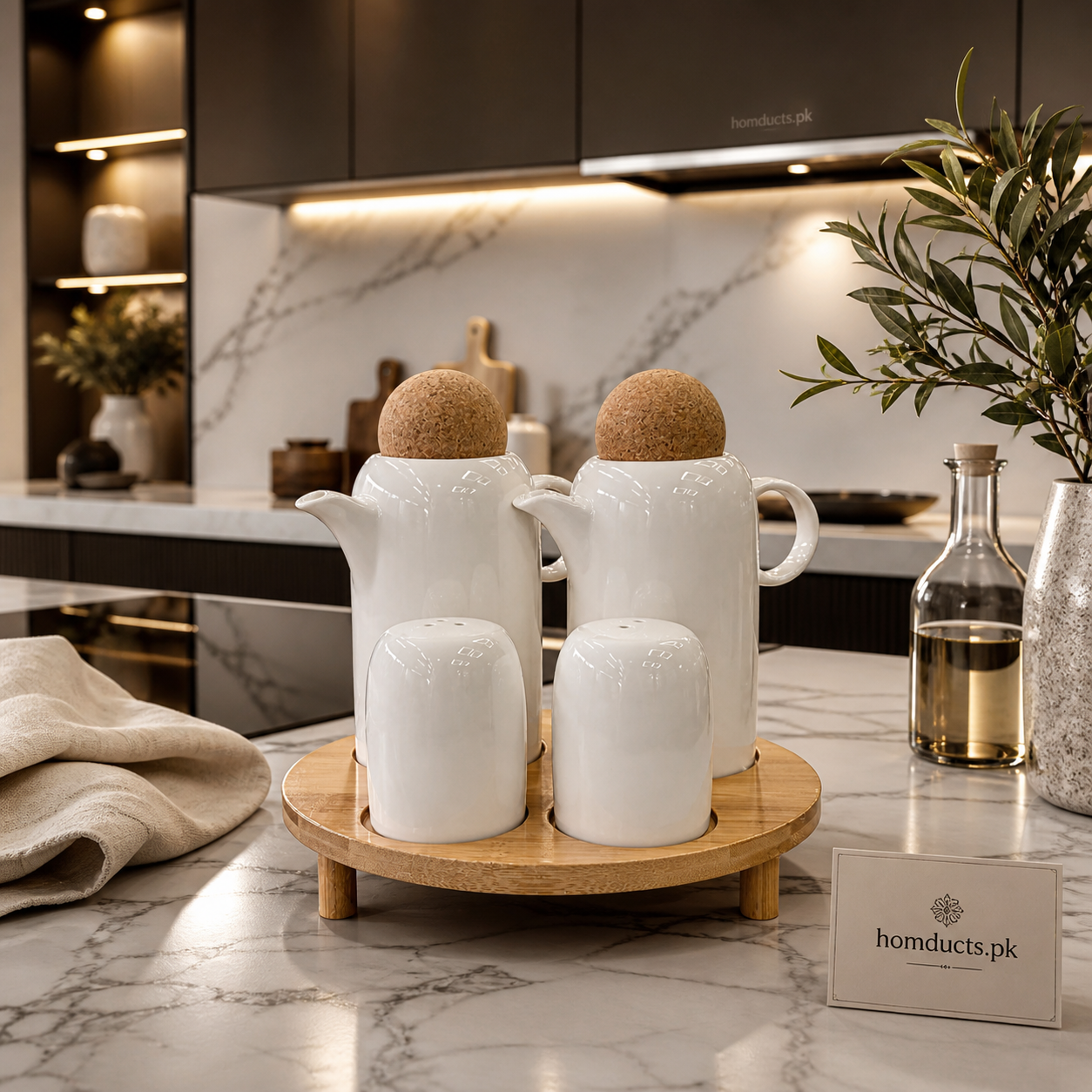 Premium Oil & Vinegar Dispenser Set with Salt & Pepper Shakers – 4 Piece Set with Wooden Stand