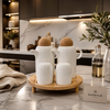 Premium Oil & Vinegar Dispenser Set with Salt & Pepper Shakers – 4 Piece Set with Wooden Stand