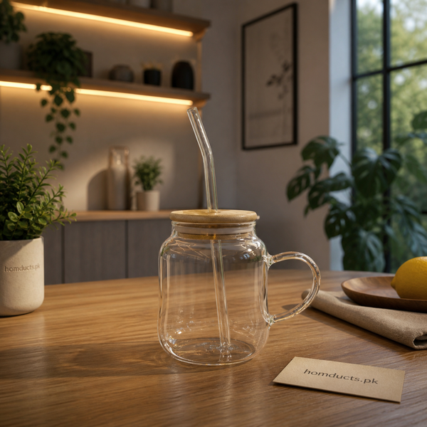 Premium Glass Ice Tea Mug with Straw & Lid – Elegant Drinkware (1 Pc)