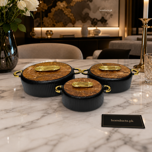 Luxury 3-Piece Hot Pot Set with Marble Lid Design & Gold Handles
