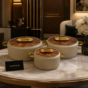Luxury Marble Finish Hot Pot Set with Gold Handles – Premium Insulated Serving Casserole (3 Pcs Set)