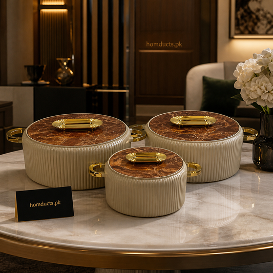 Luxury Marble Finish Hot Pot Set with Gold Handles – Premium Insulated Serving Casserole (3 Pcs Set)