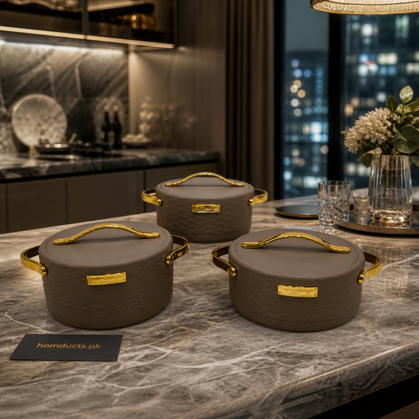 Luxury Insulated Hot Pot Set with Lid & Handles – Premium Serving Casserole Set (3 Pcs)