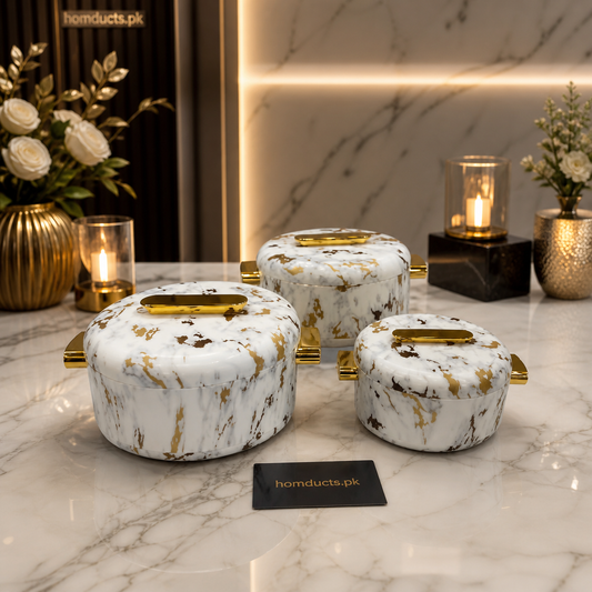 Luxury Marble Finish Serving Hotpot Set with Gold Handles – Premium Insulated Food Warmer (3 Pcs Set)