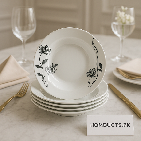 Luxury Floral Soup Plate Set – 6 Pieces | Elegant Black Rose Design