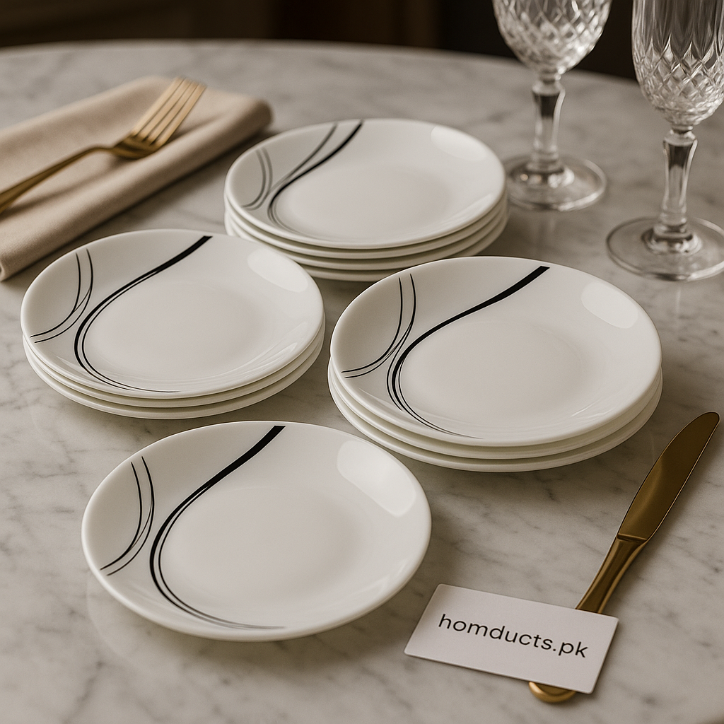Luxury Porcelain Quarter Plate Set – 6pcs Modern Dining Plates with Black Wave Design