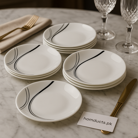 Luxury Porcelain Quarter Plate Set – 6pcs Modern Dining Plates with Black Wave Design