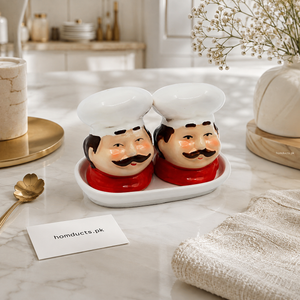 Chef Ceramic Salt & Pepper Shaker Set with Serving Tray – 2 Piece Kitchen Seasoning Set