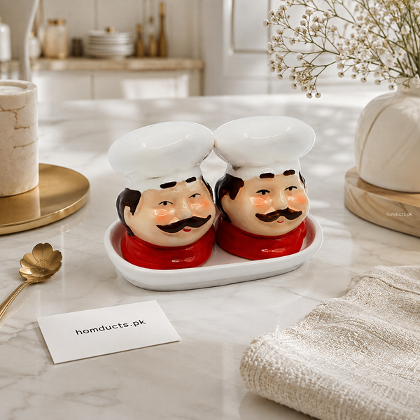 Chef Ceramic Salt & Pepper Shaker Set with Serving Tray – 2 Piece Kitchen Seasoning Set