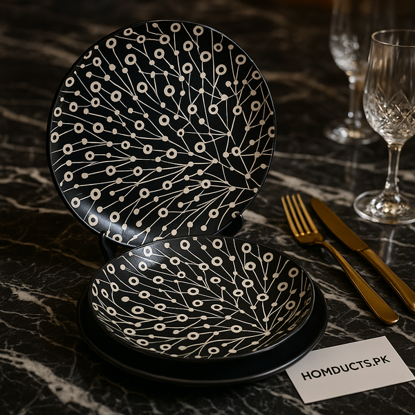 Luxury Black & White 18pcs Ceramic Dinner Plate Set – Modern Abstract Design