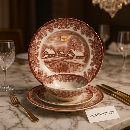 Luxury 18 Pcs Vintage Dinner Plate Set – Red Floral Design for Elegant Dining