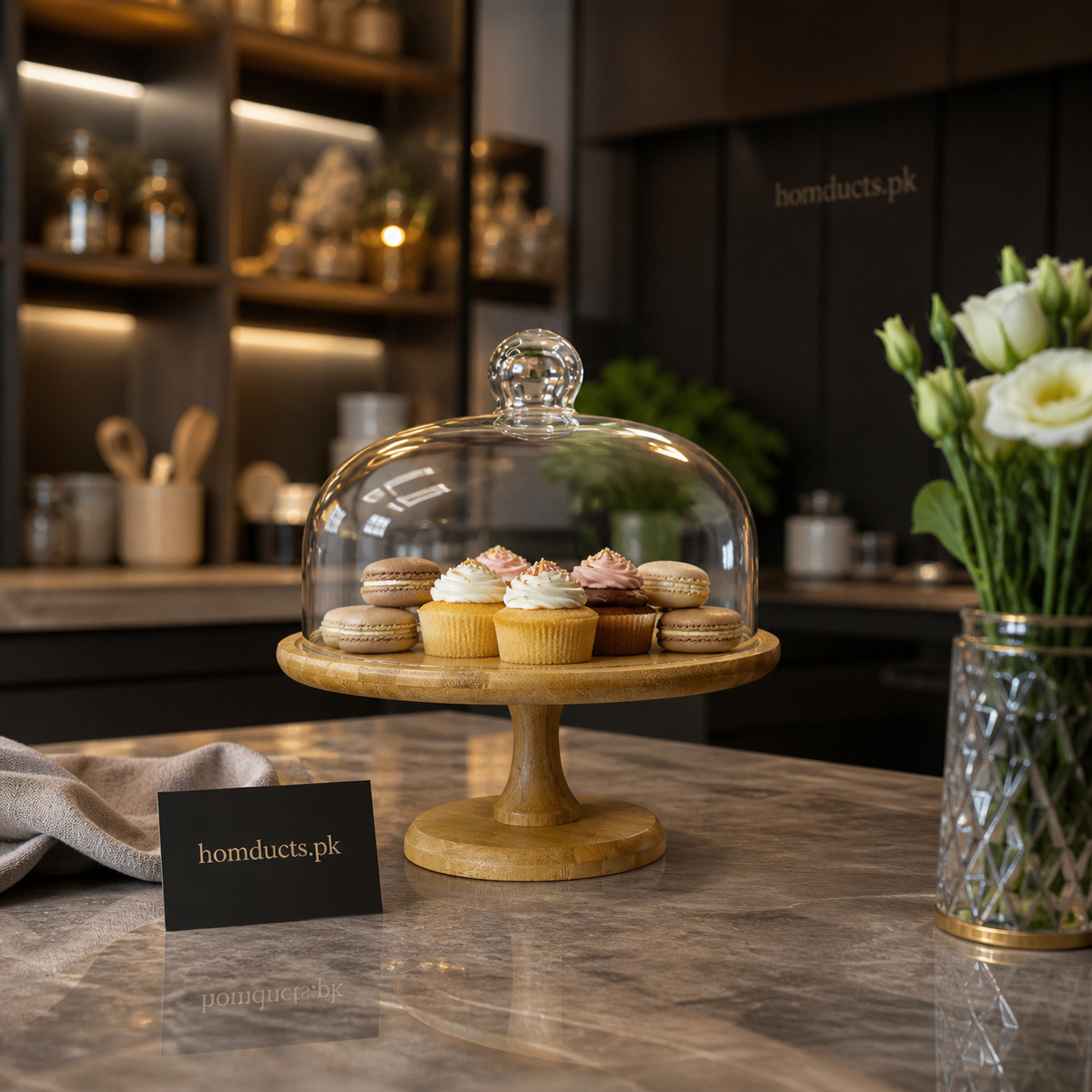 Luxury Wooden Revolving Cake Stand with Glass Dome Cover