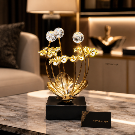 Luxury Golden Crystal Floral Tabletop Decorative Showpiece Sculpture for Living Room Console Table Office Desk Modern Home Decor Accent