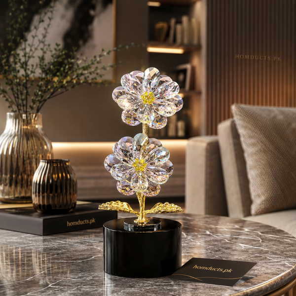 Luxury Crystal Flower Table Decor Showpiece with Gold Stem & Premium Marble Base for Living Room Console Table Bedroom Office Decoration