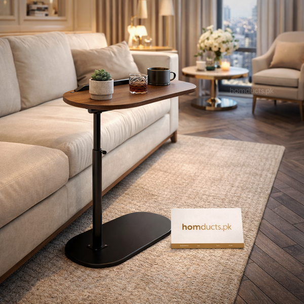 Adjustable Wooden Sofa Side Table with Metal Base – Modern Living Room Snack & Laptop Table