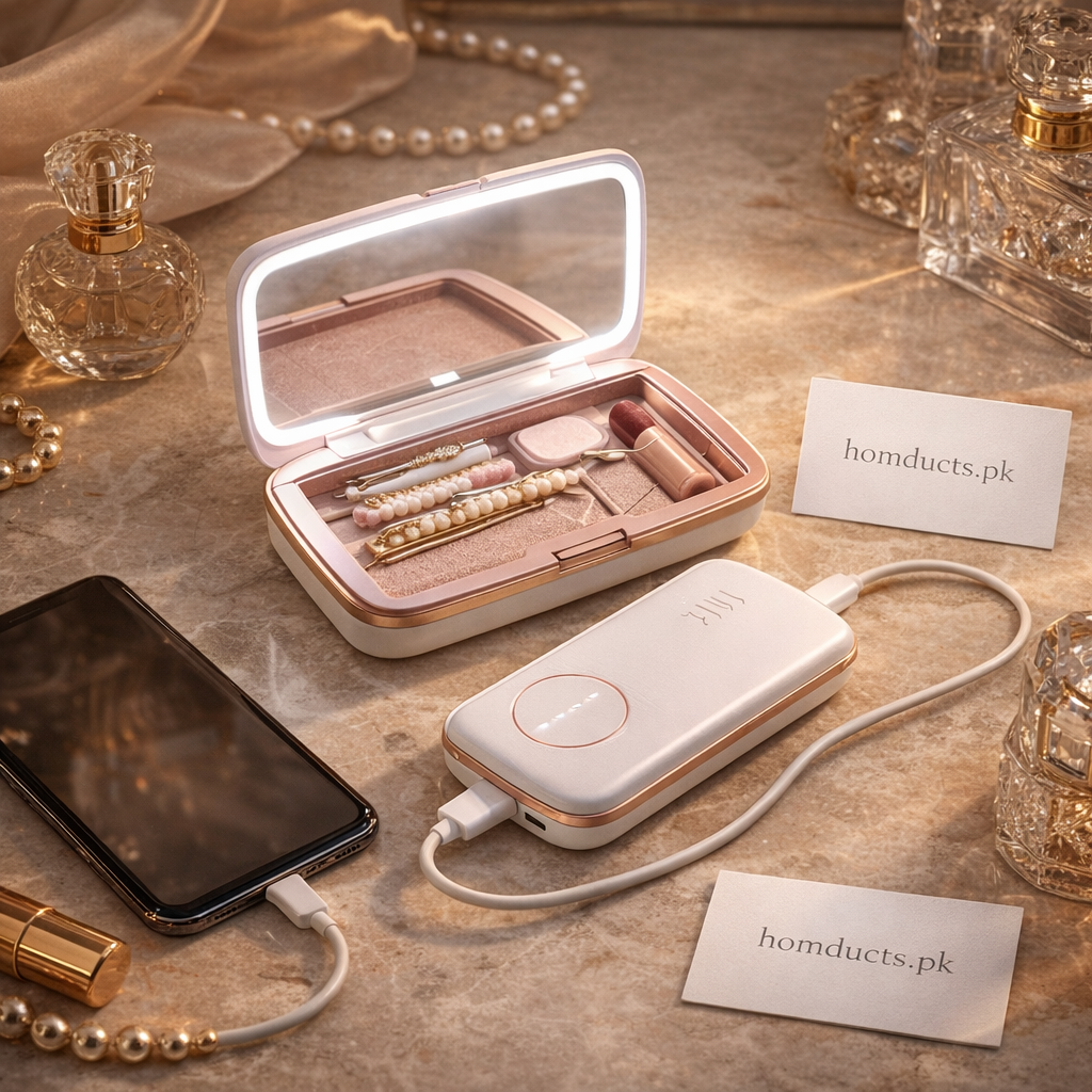 Luxury LED Cosmetic Mirror Power Bank with Storage Case – Portable Makeup Organizer & Mobile Charger