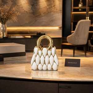 Luxury Ceramic Handbag Decor Sculpture – Modern Gold & White Tabletop Accent for Living Room, Console & Shelf Styling