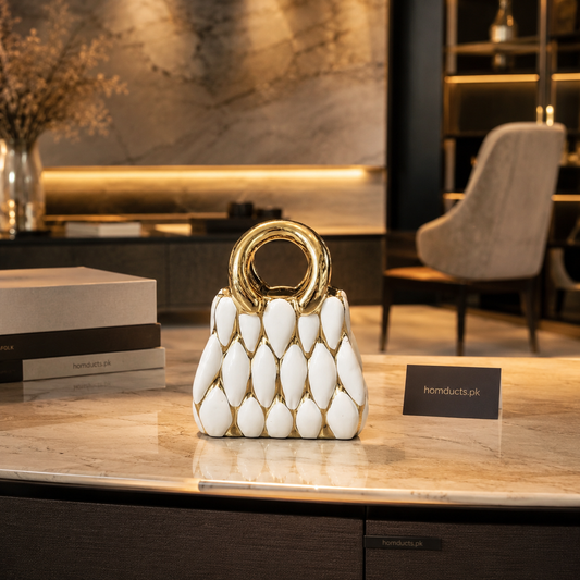 Luxury Ceramic Handbag Decor Sculpture – Modern Gold & White Tabletop Accent for Living Room, Console & Shelf Styling