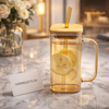 Luxury Amber Glass Mug with Bamboo Lid & Straw – Heat-Resistant Elegant Drinkware (1 Pc)