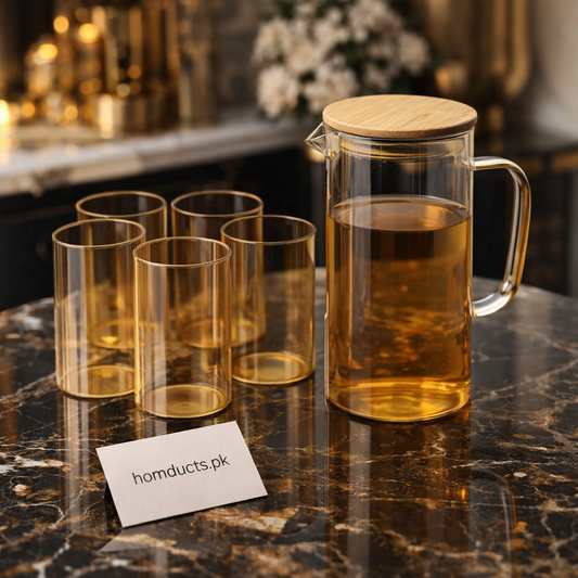 Luxury Amber Glass Water Jug Set (7-Piece) – 1 Jug & 6 Elegant Glasses