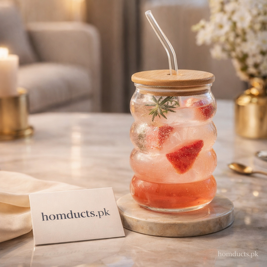 Luxury Ribbed Glass Tumbler with Bamboo Lid & Straw – Reusable Drink Jar (1 Pc)