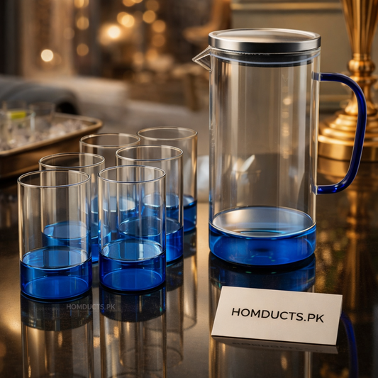 Luxury Blue Base Glass Water Jug Set with 6 Glasses – Premium Tableware Set
