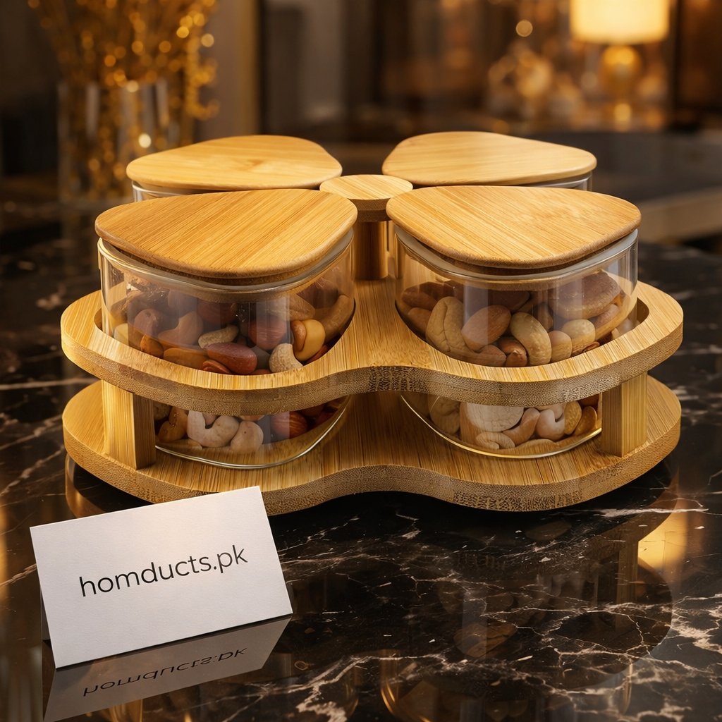 Luxury Bamboo Rotating Snack & Dry Fruit Jar Set (4-Piece Glass Containers with Wooden Stand)