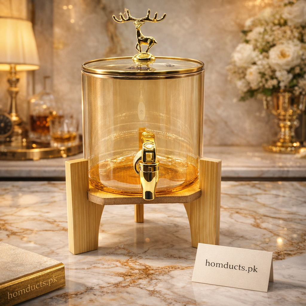 Luxury Glass Beverage Dispenser with Golden Deer Lid & Wooden Stand
