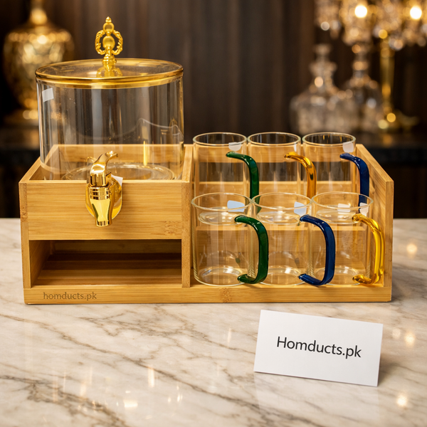 Luxury Glass Beverage Dispenser Set with Gold Tap & 6 Colored Handle Cups – Premium Serving Set