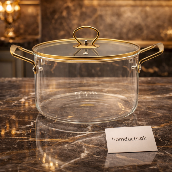 Luxury Transparent Glass Cooking Pot with Golden Handles & Lid