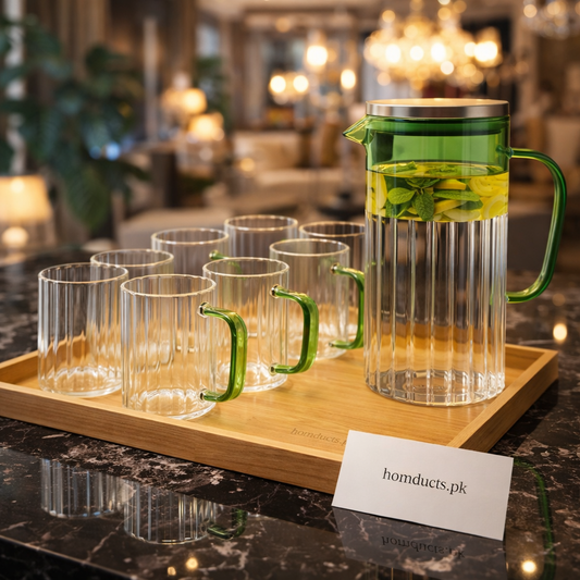 Luxury Ribbed Glass Decanter Set with Green Handle – 7-Piece Water & Juice Serving Set (6 Glasses + 1 Jug)