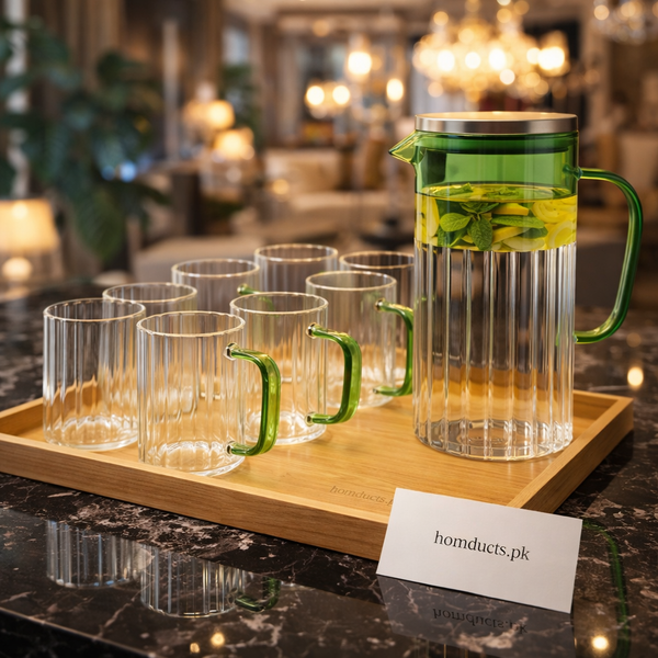 Luxury Ribbed Glass Decanter Set with Green Handle – 7-Piece Water & Juice Serving Set (6 Glasses + 1 Jug)