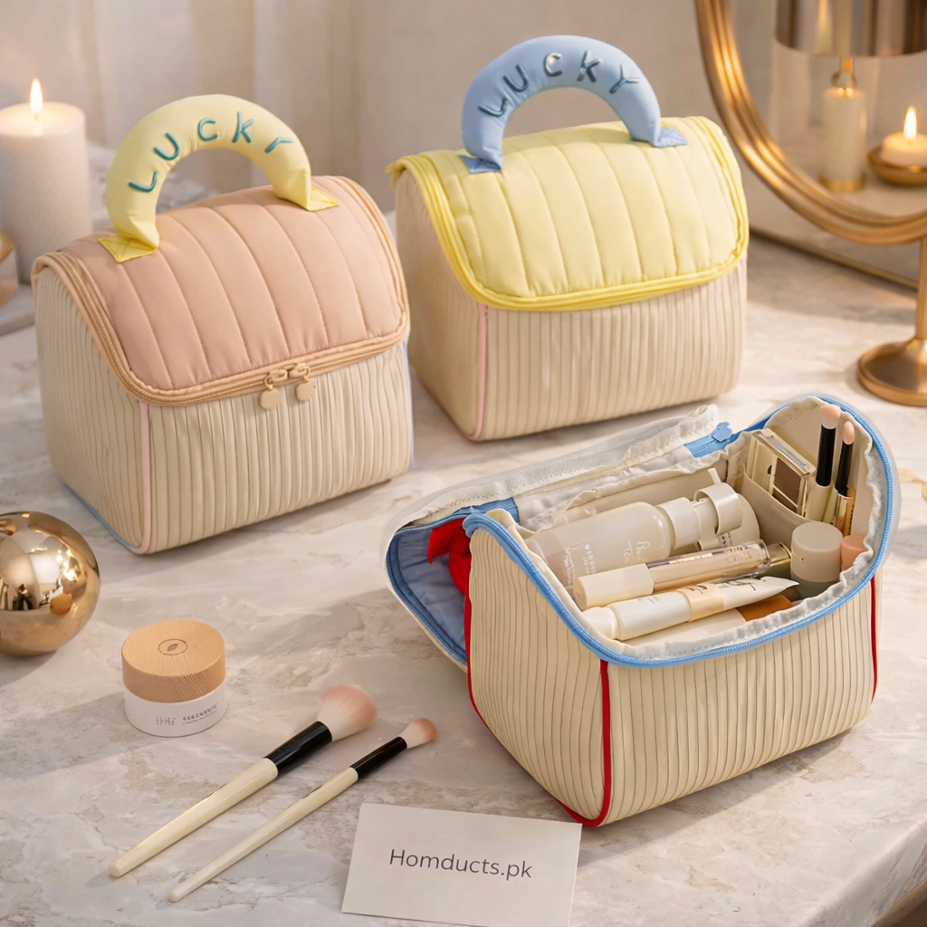 Luxury Quilted Makeup Organizer Bag with Handle – Premium Travel Cosmetic Storage Case