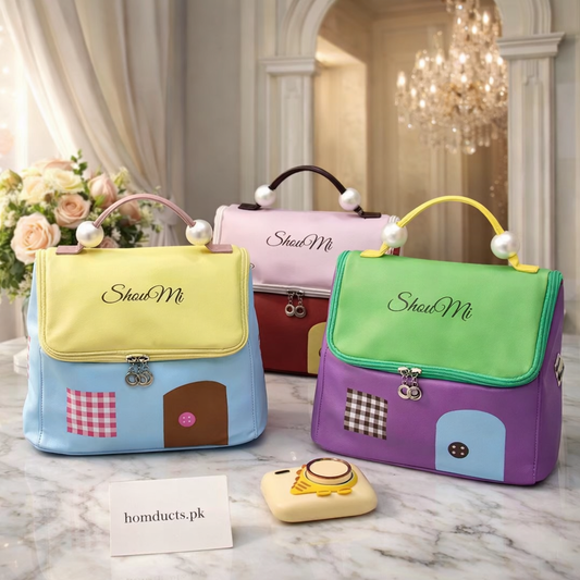 Luxury House-Style Cosmetic & Travel Organizer Bag with Pearl Handle