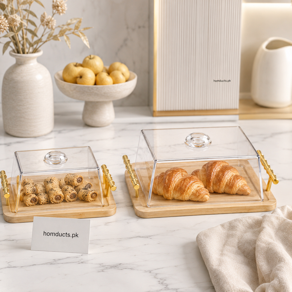 Premium Acrylic Cake & Pastry Storage Box with Bamboo Serving Tray – 1 Pc (Small & Medium)