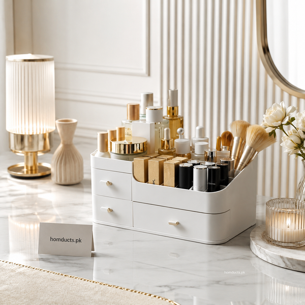 Premium Multi-Drawer Makeup & Skincare Organizer – Cosmetic Storage Box with Brush Holder | Vanity Desktop Organizer (1 Pc)