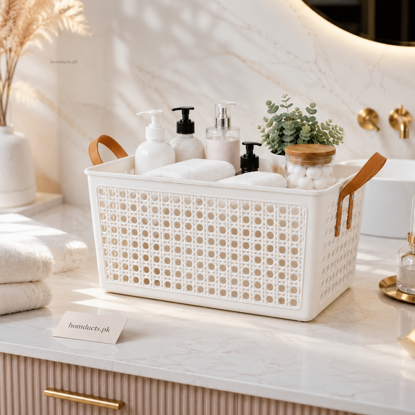 Premium Rattan Style Multi-Purpose Storage Basket with Leather Handles – Bathroom, Kitchen & Closet Organizer (1 Pc)