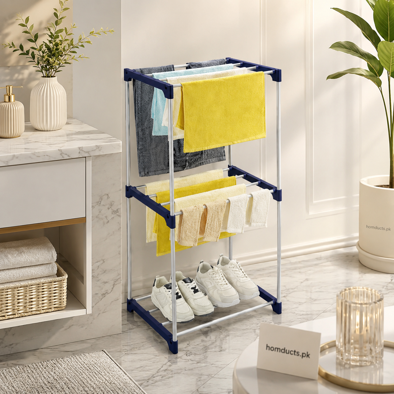 3-Tier Foldable Laundry Drying Rack with Shoe Storage & Towel Hanger | Space-Saving Clothes Dryer Stand