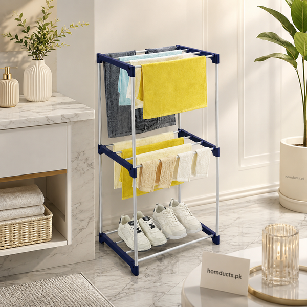 3-Tier Foldable Laundry Drying Rack with Shoe Storage & Towel Hanger | Space-Saving Clothes Dryer Stand