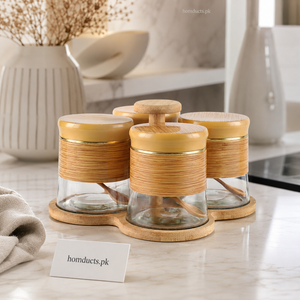 Premium 5-Piece Glass Spice Jar Set with Rotating Bamboo Stand & Wooden Spoons