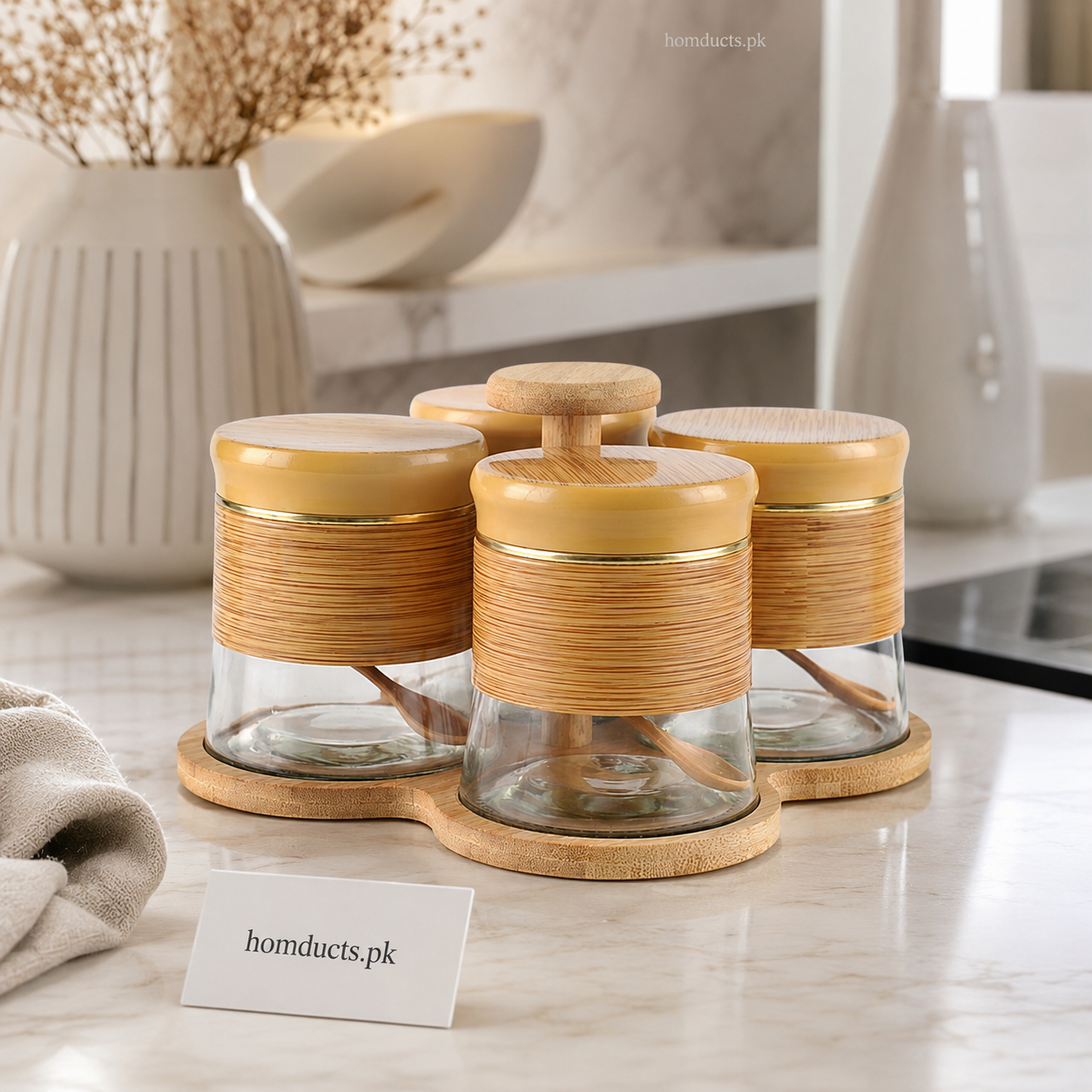 Premium 5-Piece Glass Spice Jar Set with Rotating Bamboo Stand & Wooden Spoons