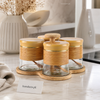 Premium 5-Piece Glass Spice Jar Set with Rotating Bamboo Stand & Wooden Spoons