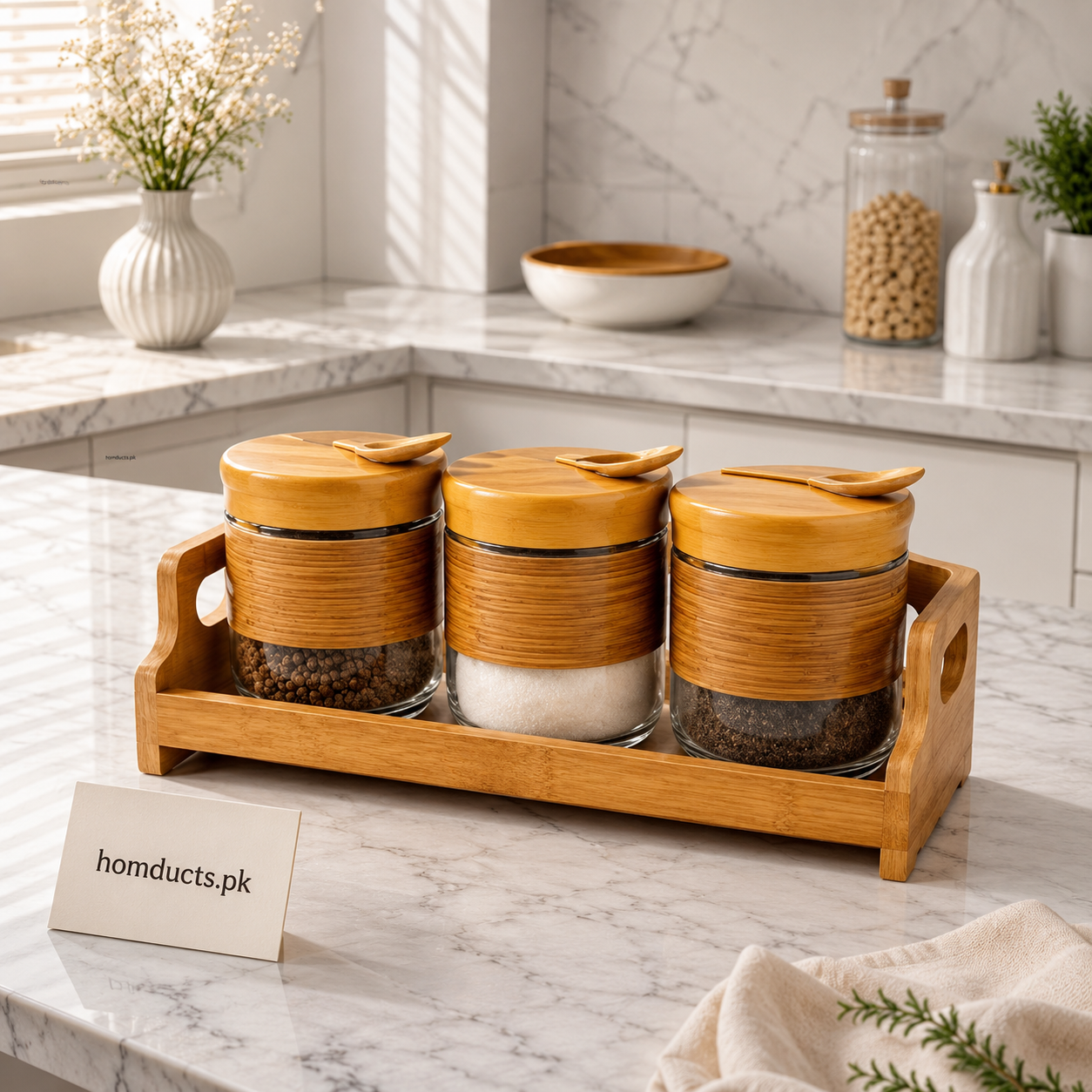 3-Piece Glass Spice Jar Set with Bamboo Lids & Wooden Stand | Premium Kitchen Seasoning Storage Organizer