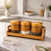 3-Piece Glass Spice Jar Set with Bamboo Lids & Wooden Stand | Premium Kitchen Seasoning Storage Organizer