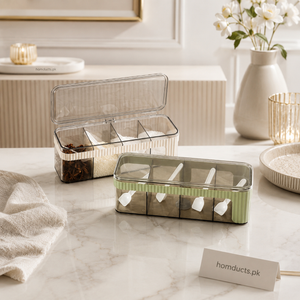 4-Compartment Acrylic Spice Storage Box with Spoons & Airtight Lid | Multi-Section Kitchen Seasoning Organizer (1 Pc)