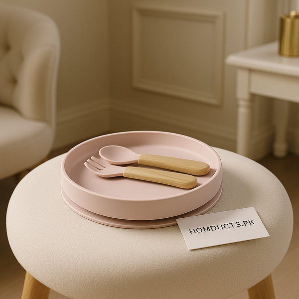 Luxury Pastel Pink Kids’ Dining Set – Silicone Plate with Spoon & Fork (Eco-Friendly, Non-Slip)